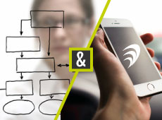 Image coupée en deux avec à gauche une femme dessinant un schéma/plan sur un tableau et de l'autre un téléphone portable avec le logo TH Conseil